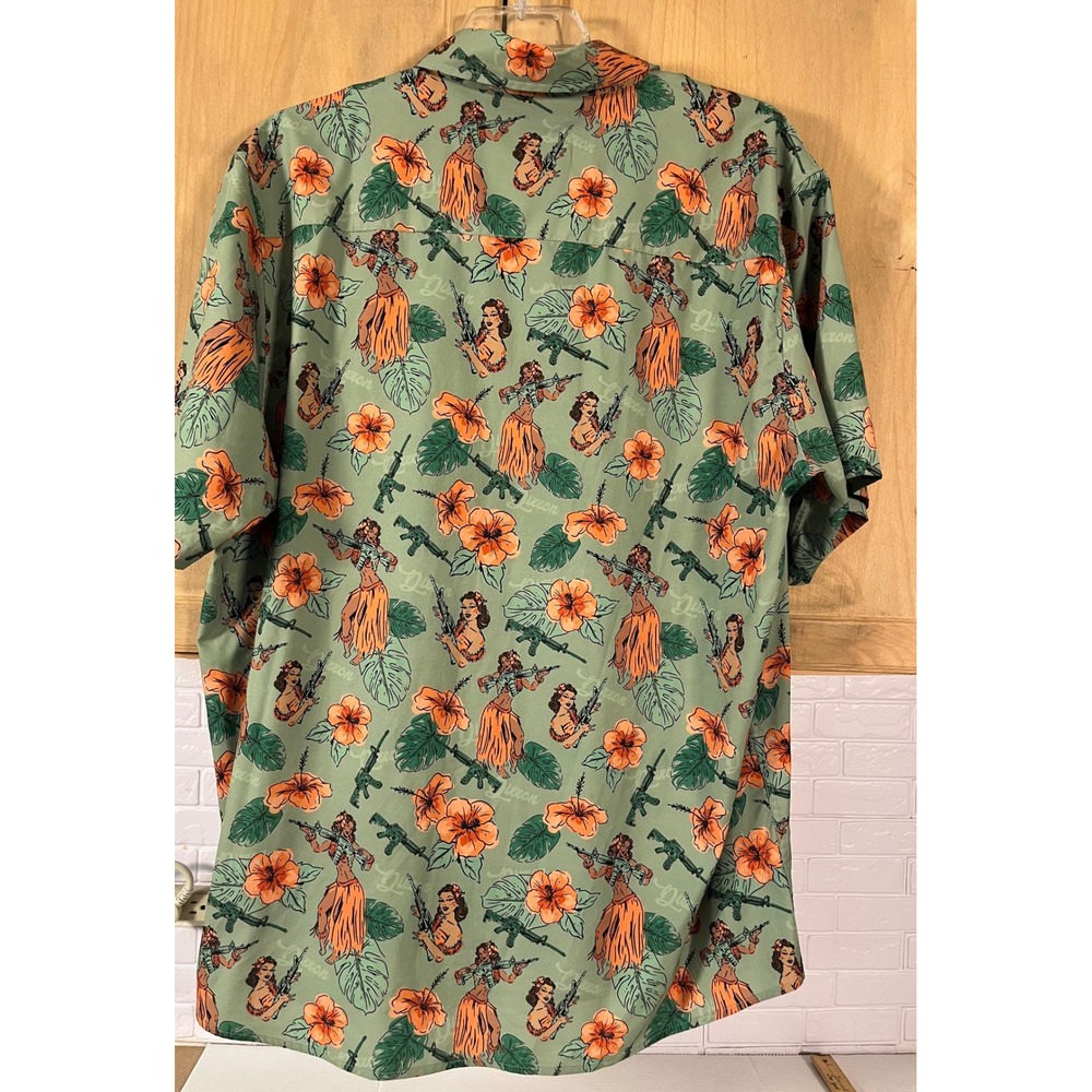 Dixxon Aloha Arms Shirt Mens 2X Green Hula Girl Rifle Tropical Print - Picture 2 of 6